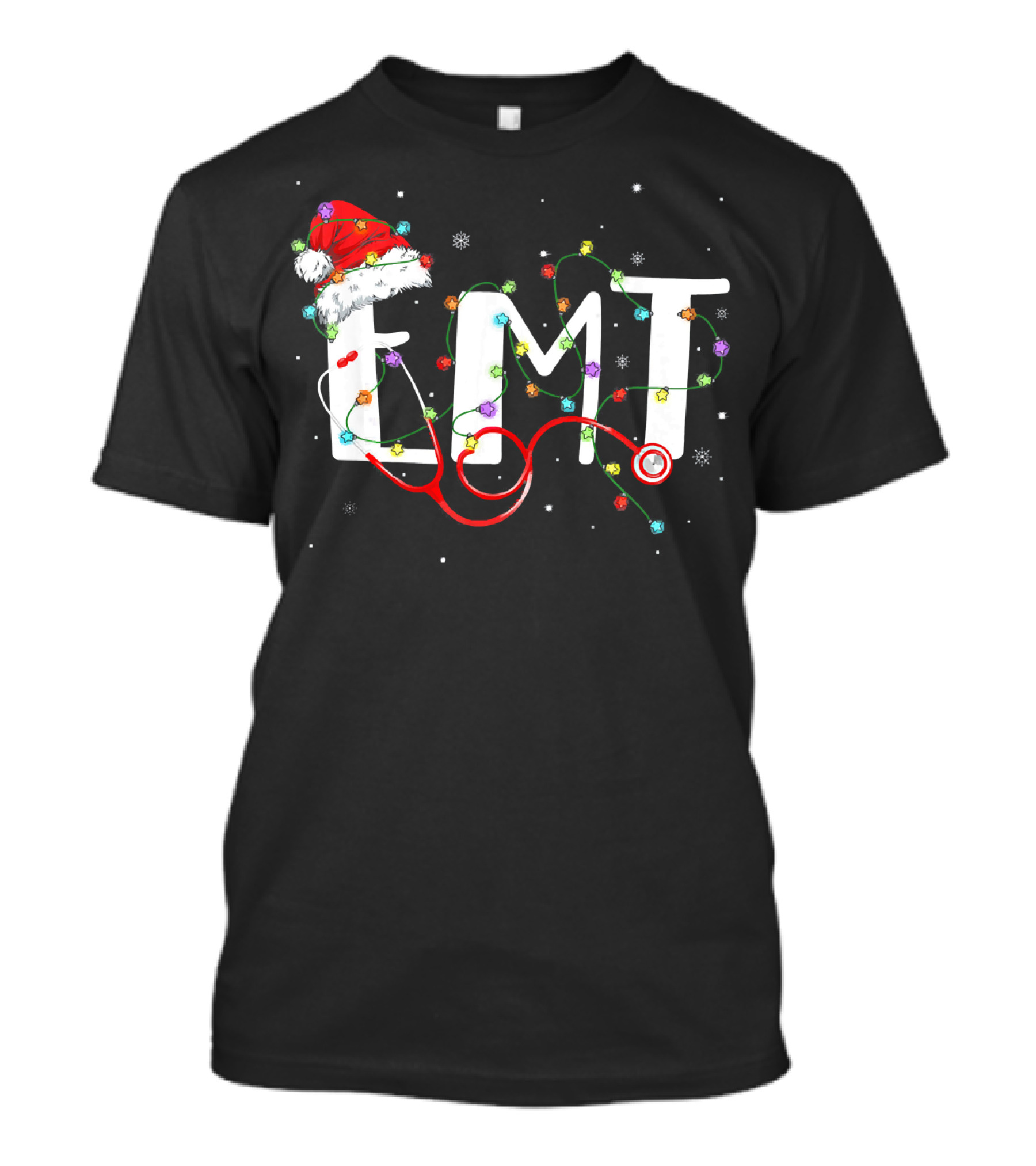 EMT Nurse Santa Hat Christmas Lights Stethoscope Snowflakes T-Shirt