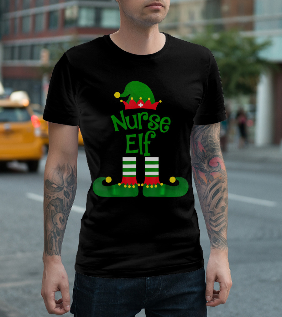 Nurse Elf Christmas Hat and Striped Shoes T-Shirt