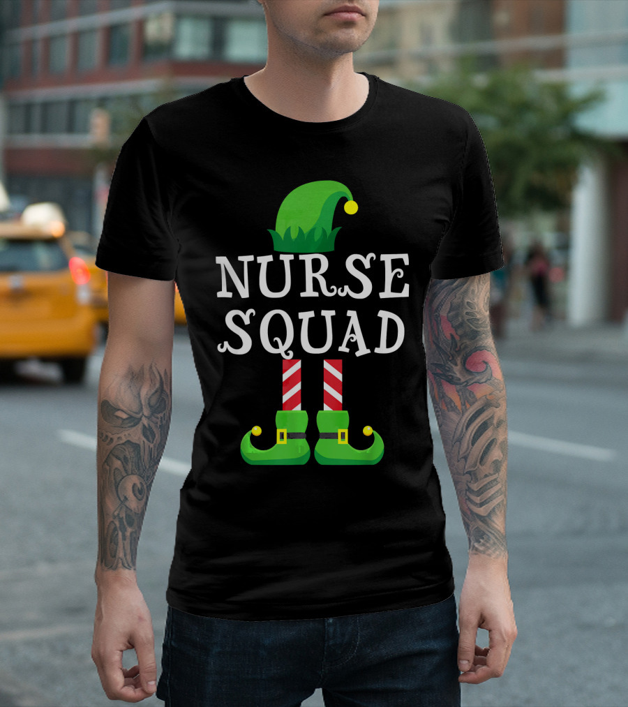 Nurse Squad Elf Matching Family Group Christmas Hat and Shoes T-Shirt