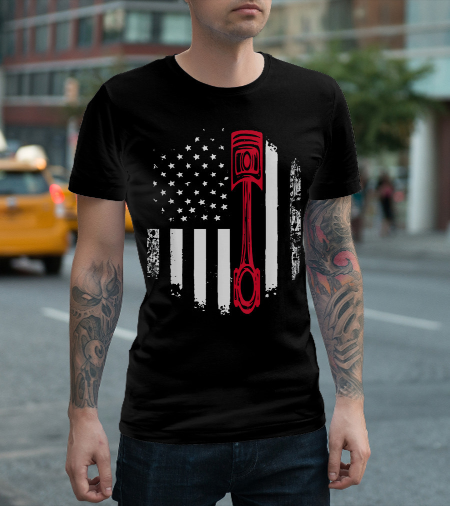 USA Flag Stars Stripes Red Piston Auto Mechanic T-Shirt
