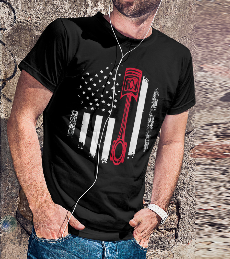 USA Flag Stars Stripes Red Piston Auto Mechanic T-Shirt