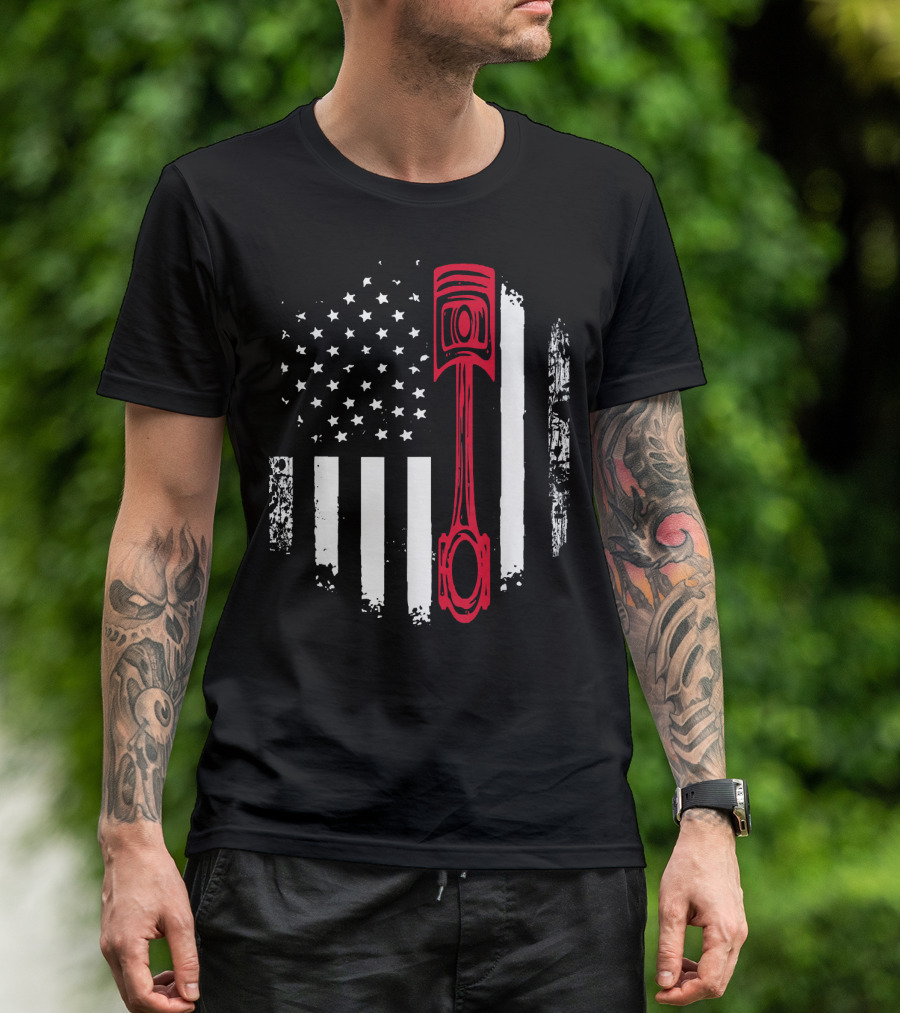 USA Flag Stars Stripes Red Piston Auto Mechanic T-Shirt