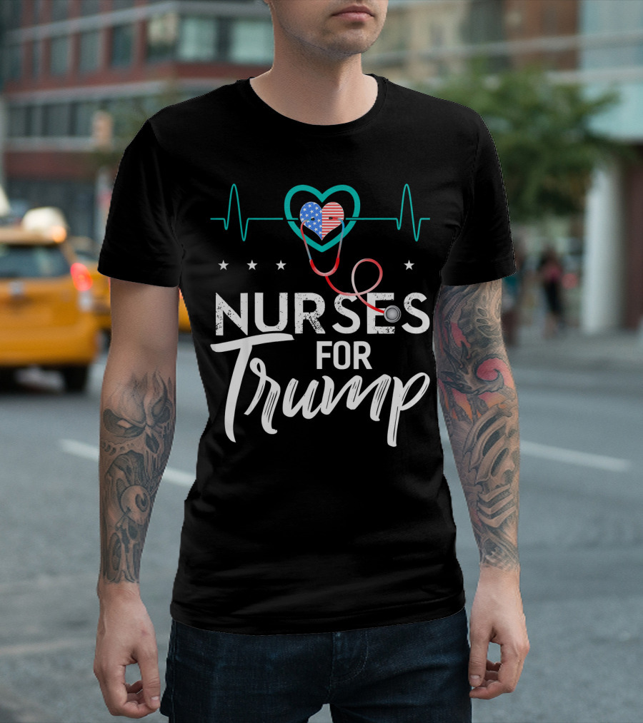 Nurses For Trump Heartbeat Stethoscope American Flag Heart T-Shirt