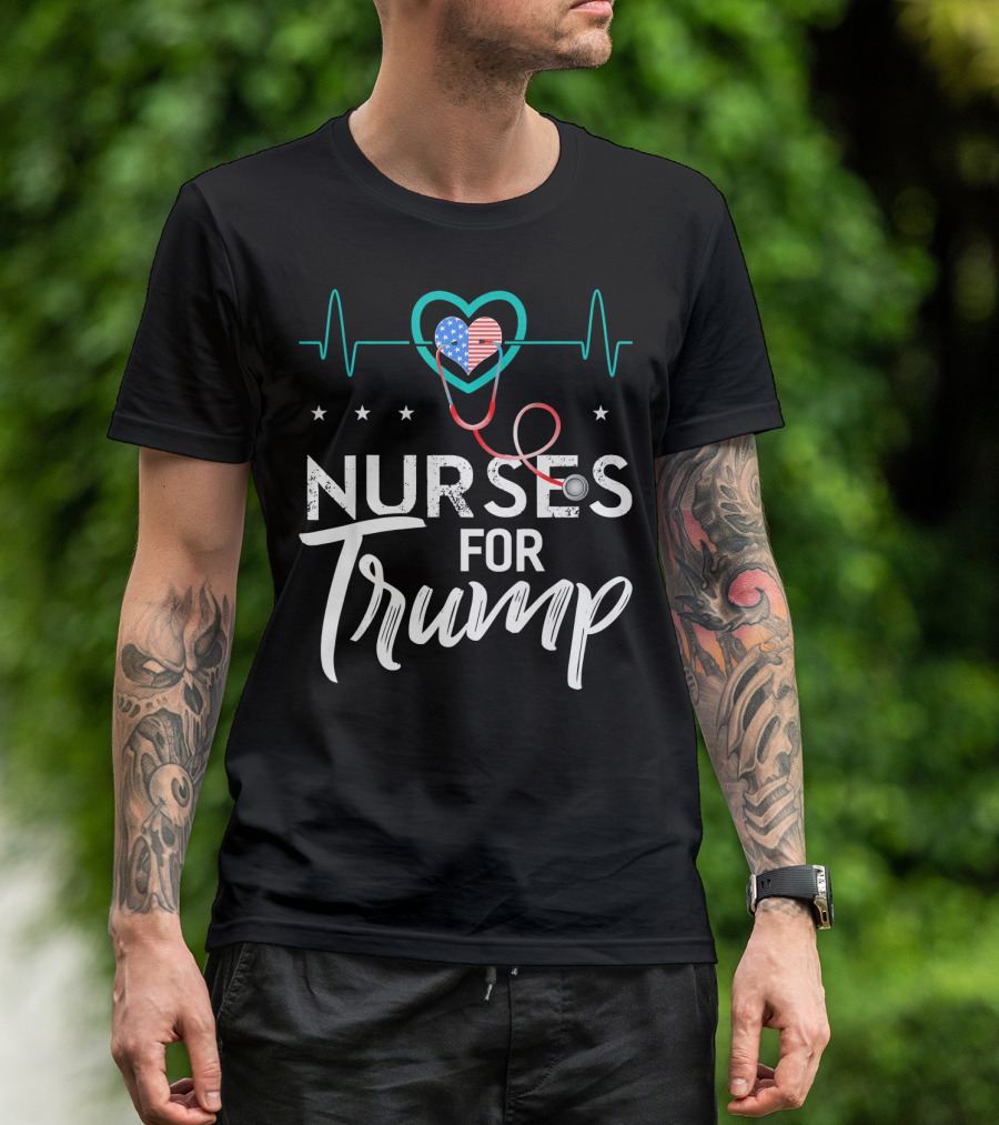 Nurses For Trump Heartbeat Stethoscope American Flag Heart T-Shirt