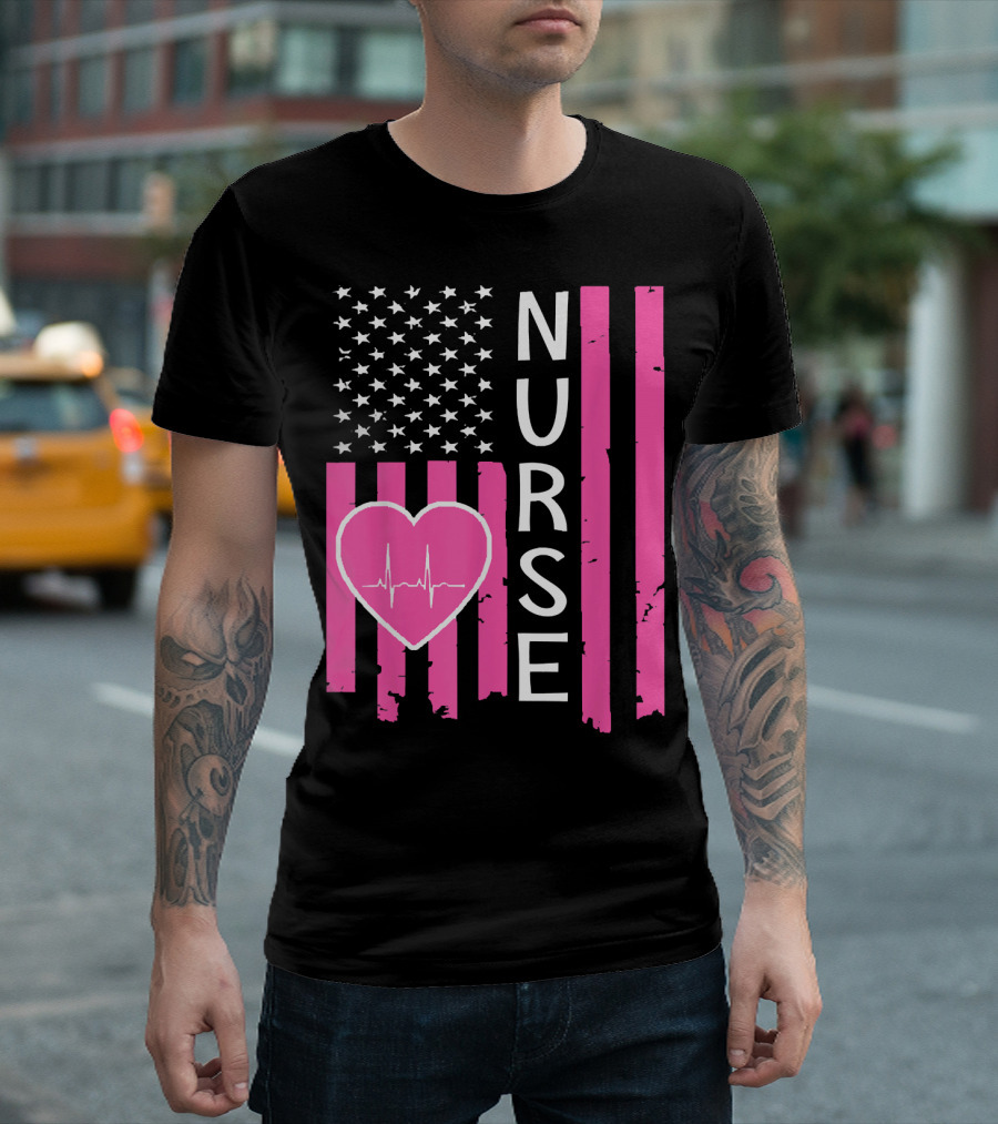 Nurse American Flag Heartbeat T-Shirt