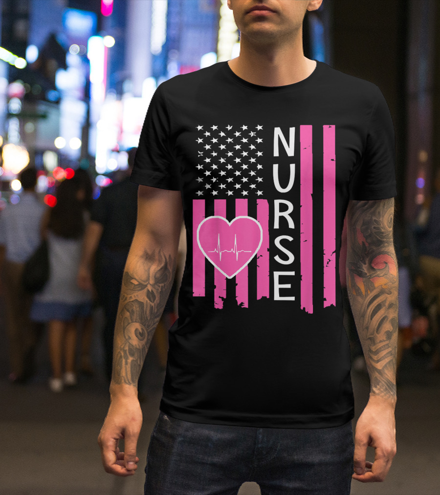Nurse American Flag Heartbeat T-Shirt