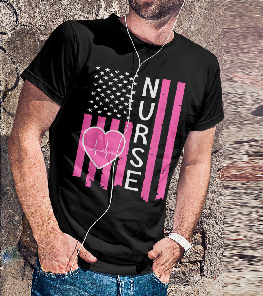 Nurse American Flag Heartbeat T-Shirt