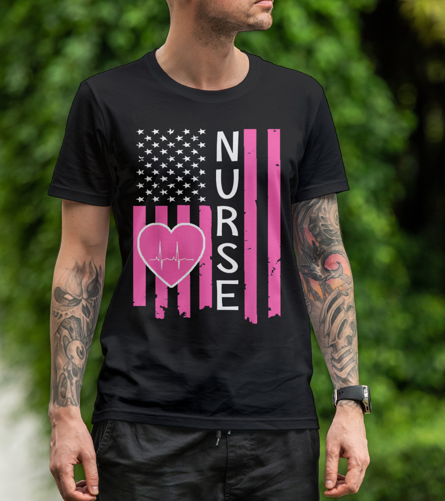 Nurse American Flag Heartbeat T-Shirt