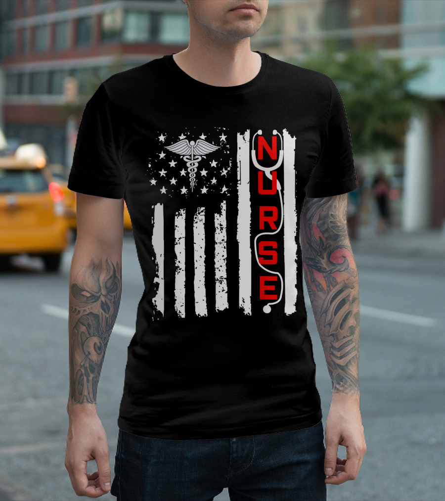 Patriotic American USA Flag Nurse Caduceus Symbol Stethoscope T-Shirt