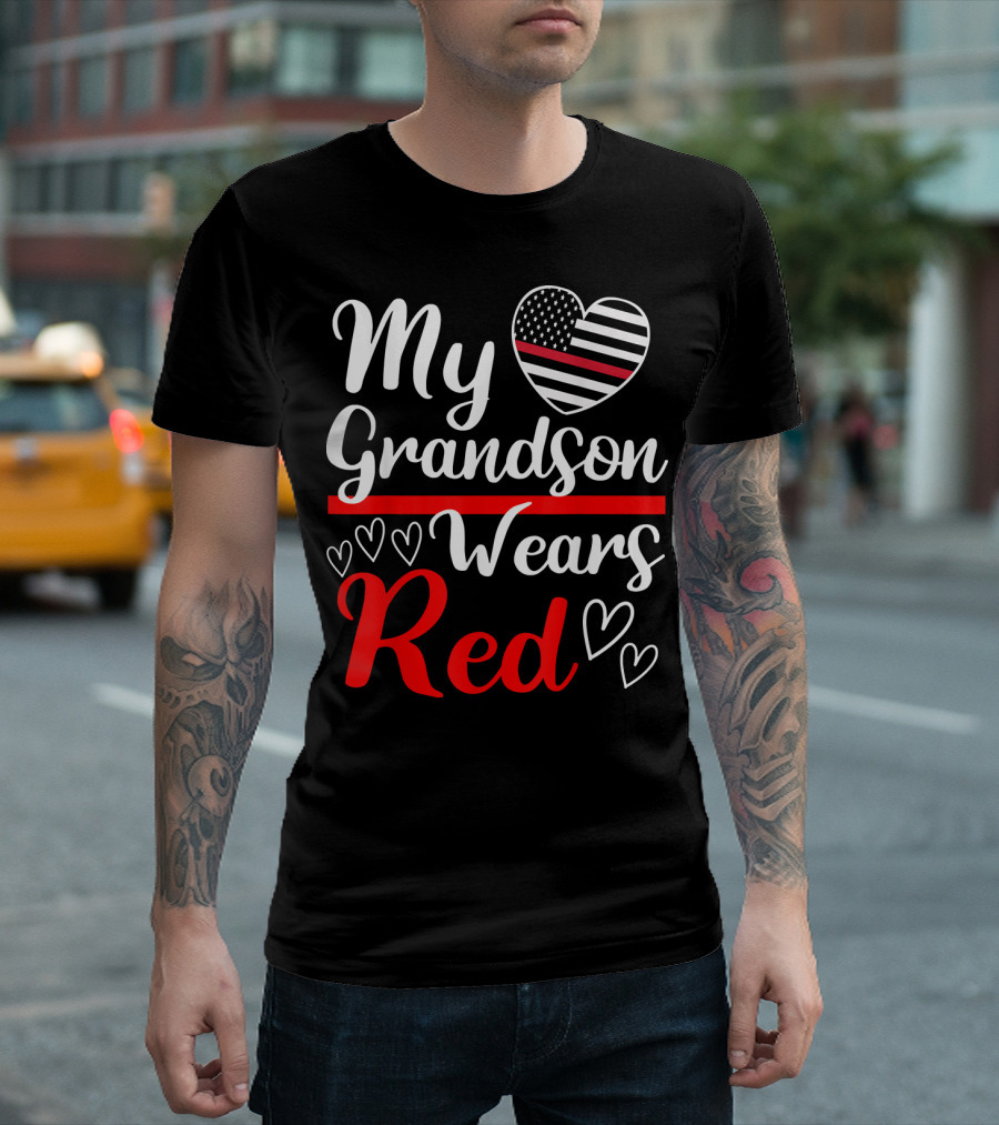 My Grandson Wears Red Heart American Flag Stripe T-Shirt