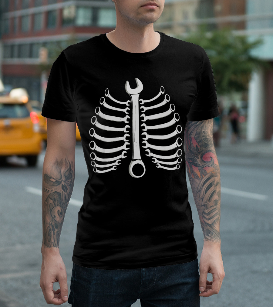 Novelty Wrenches Skeleton Ribcage Mechanic Worker T-Shirt