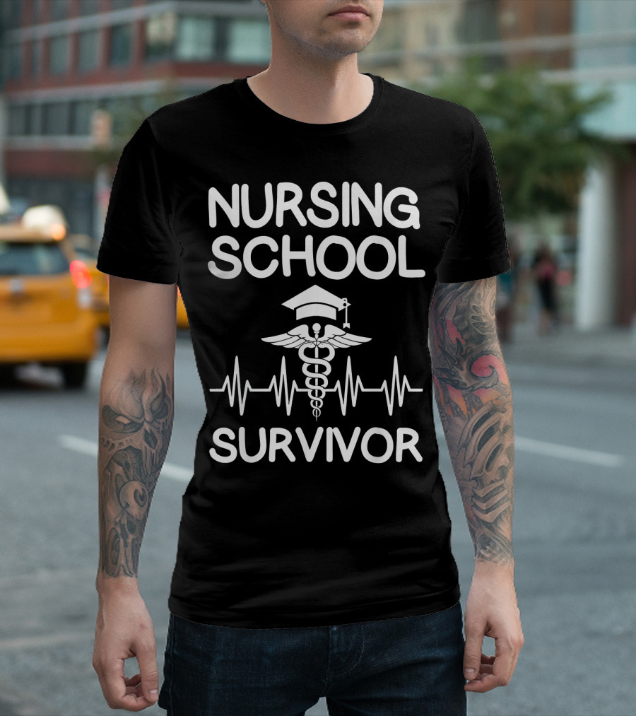 Nursing School Survivor Caduceus Graduation Heartbeat T-Shirt
