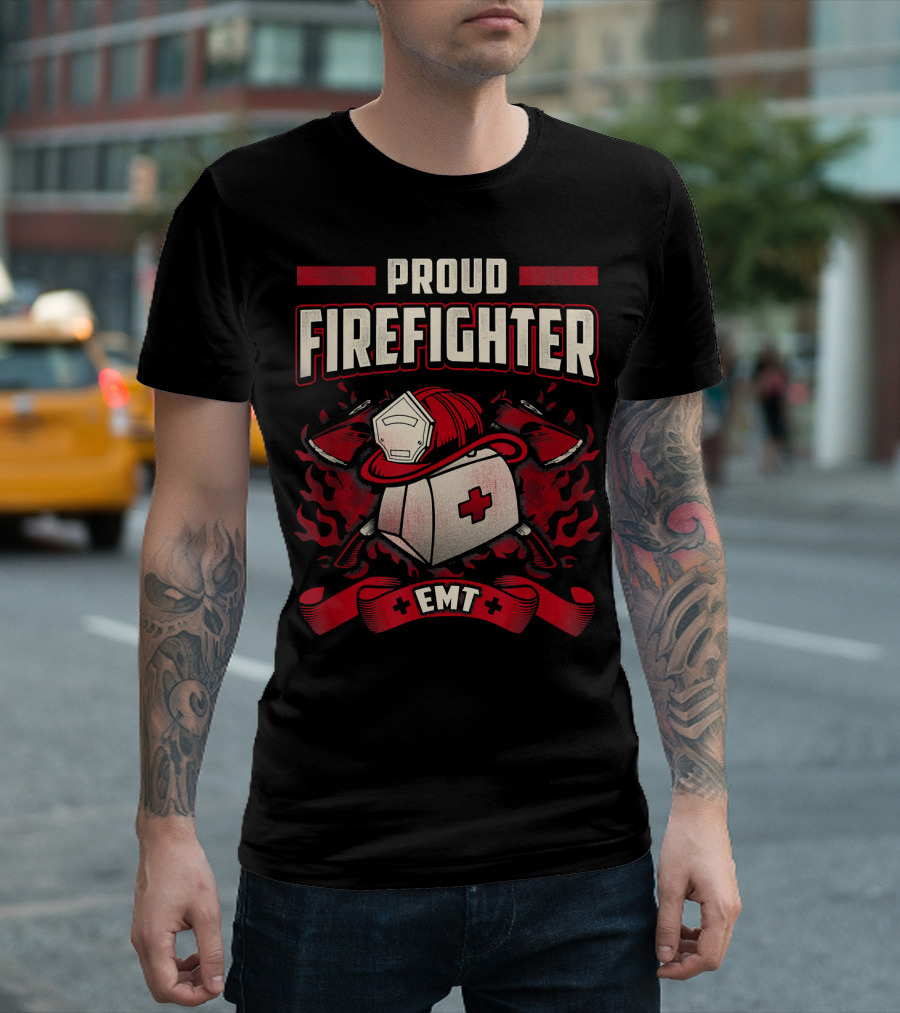 Proud Firefighter EMT Helmet Cross Axe Flames T-Shirt
