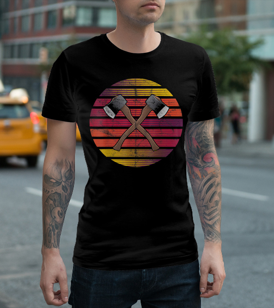 Retro Vintage Crossed Axes Sunset Lumberjack T-Shirt