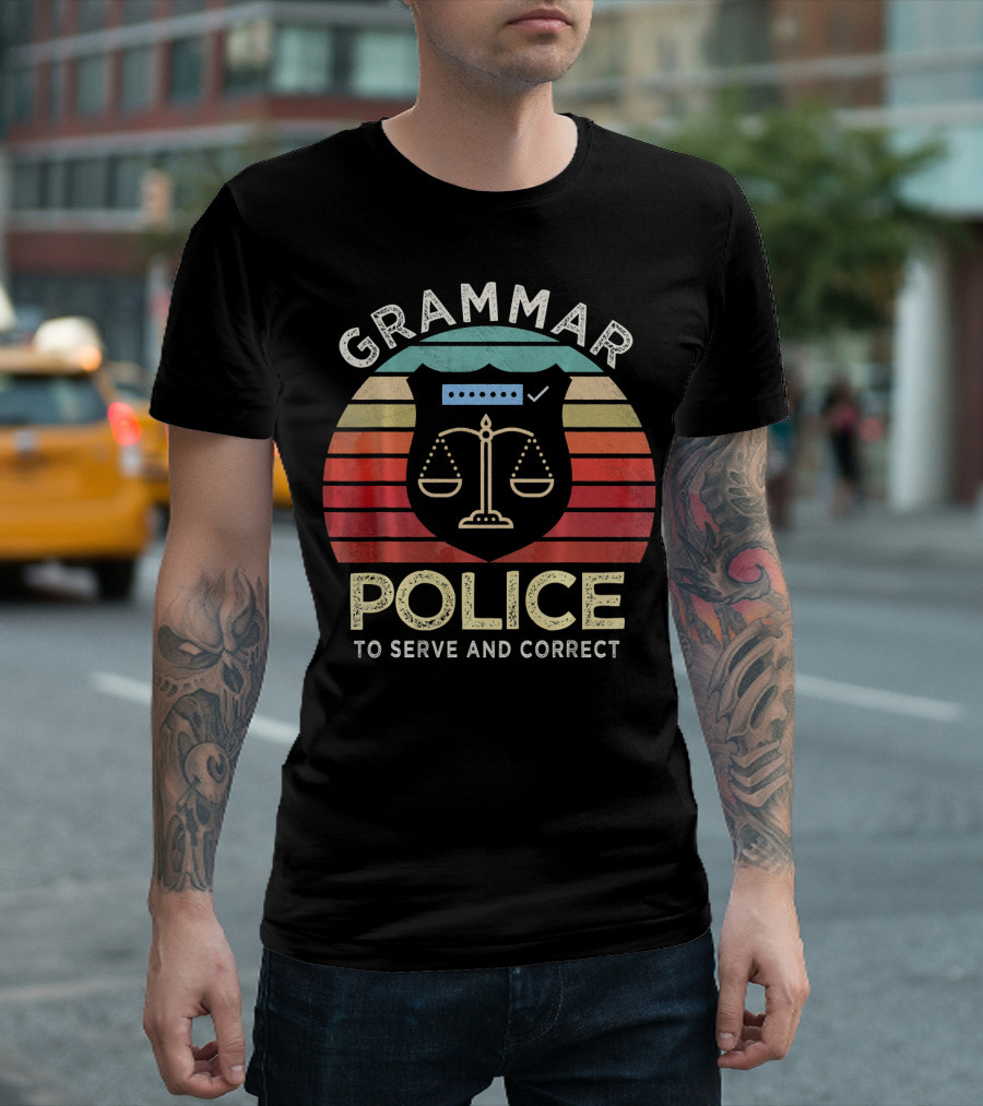 Retro Vintage Grammar Police To Serve and Correct Badge Emblem T-Shirt