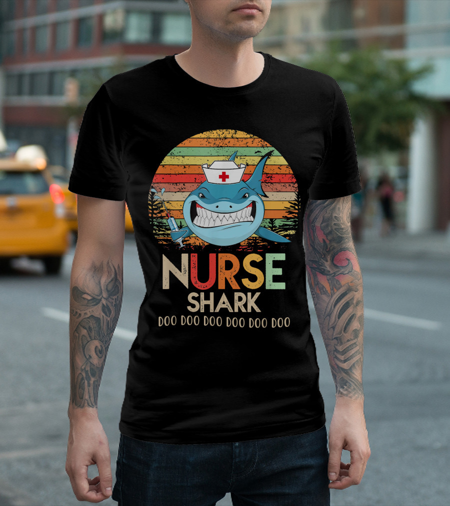 Nurse Shark Doo Doo Doo Retro Vintage Nurse Hat and Syringe T-Shirt