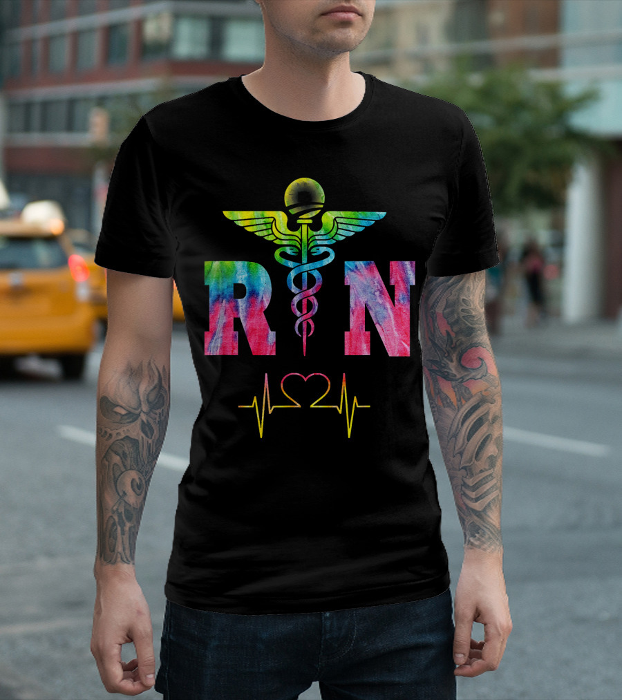 RN Registered Nurse Caduceus Heartbeat Rainbow Print T-Shirt