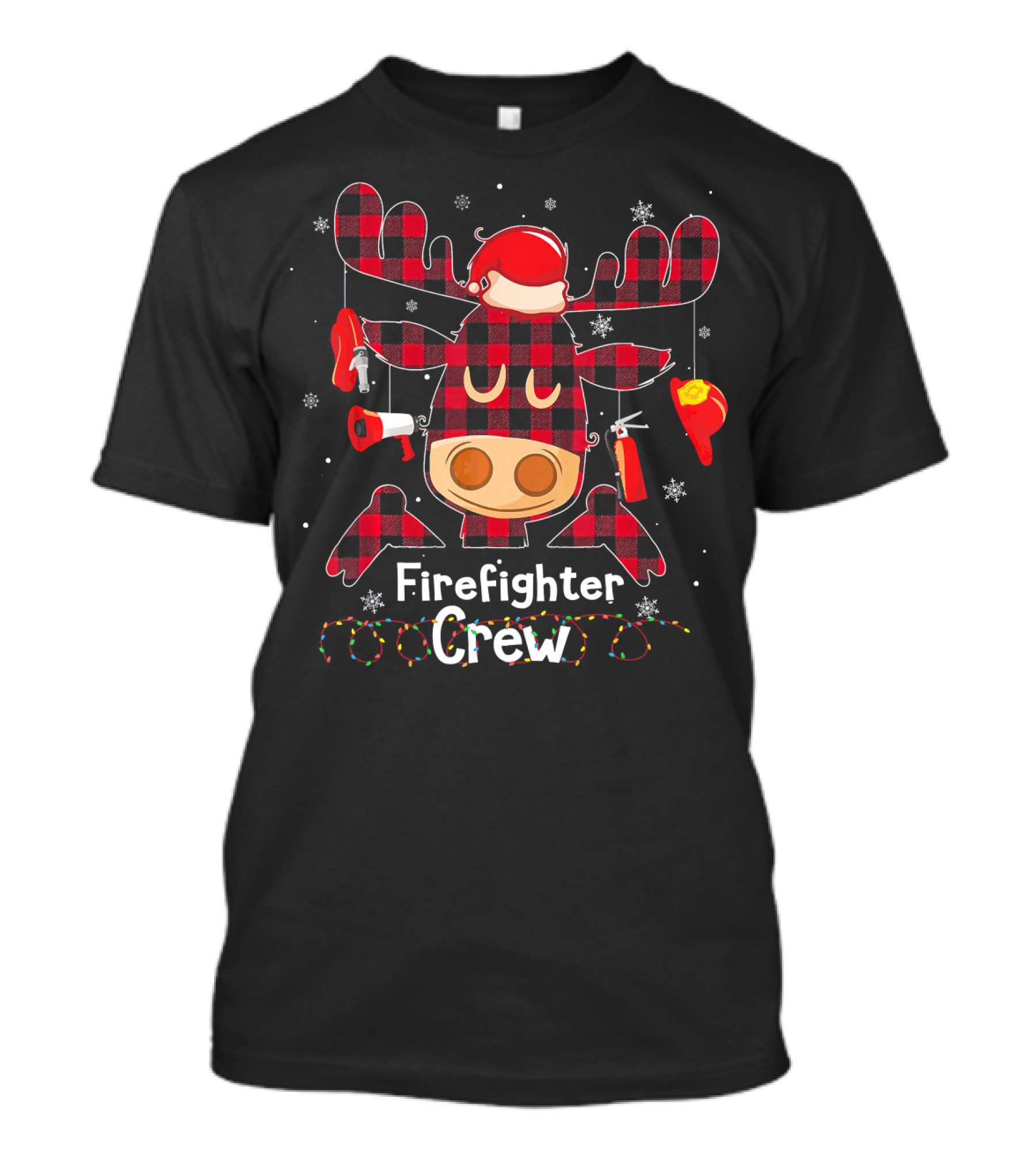 Firefighter Crew Red Plaid Reindeer Face With Christmas Accessories T-Shirt