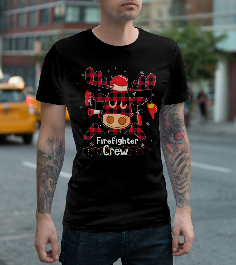 Firefighter Crew Red Plaid Reindeer Face with Christmas Accessories T-Shirt