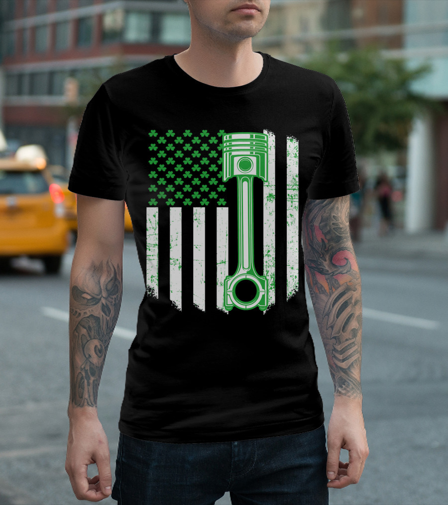 Saint Patricks Day USA Flag Green Irish Shamrock Piston T-Shirt