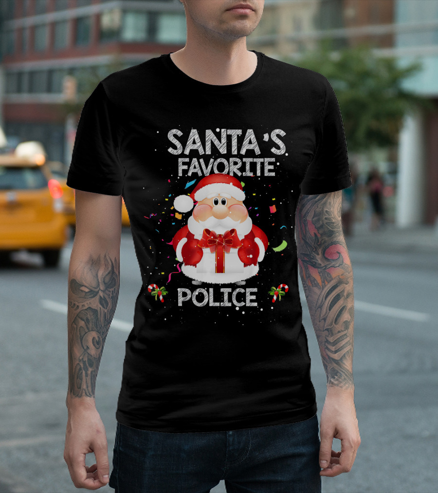 Santas Favorite Police Christmas Santa Claus Candy Canes Gift Box Festive Confetti T-Shirt