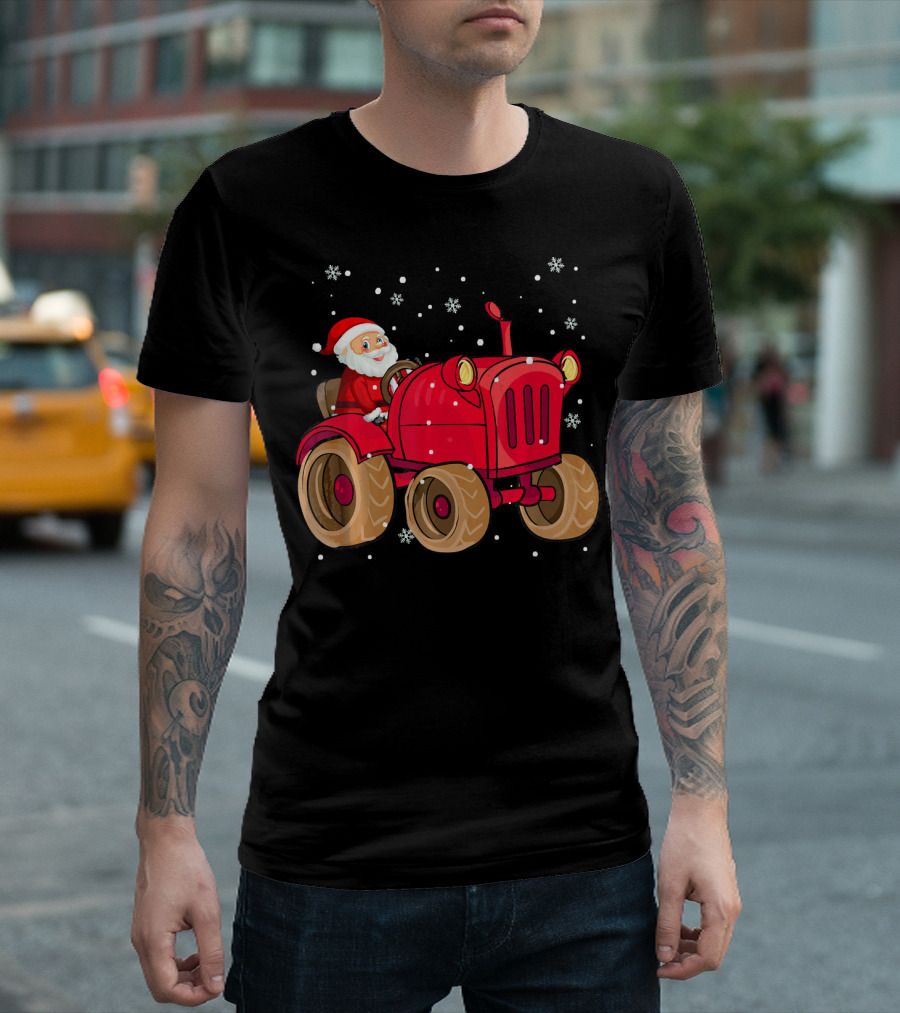 Santa Claus Driving Red Farm Tractor Surrounded By Snowflakes T-Shirt