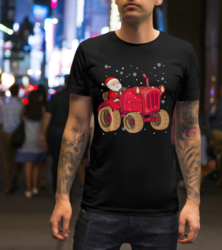 Santa Claus Driving Red Farm Tractor Surrounded By Snowflakes T-Shirt