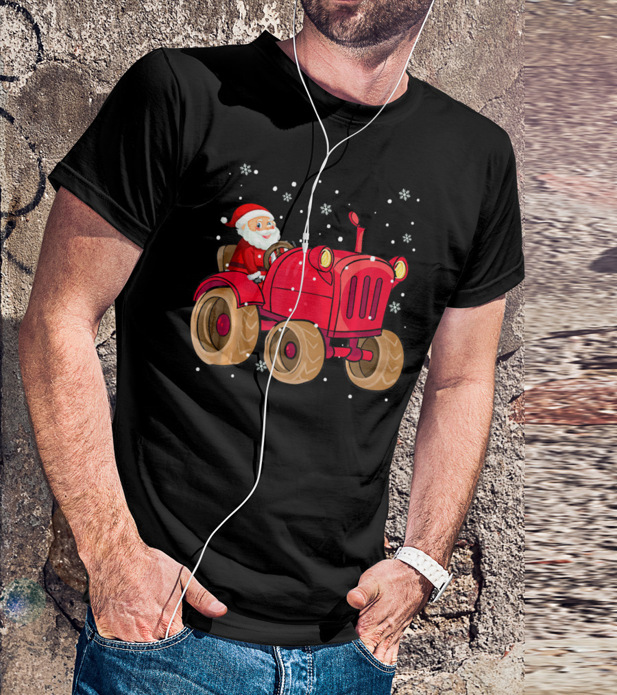 Santa Claus Driving Red Farm Tractor Surrounded By Snowflakes T-Shirt