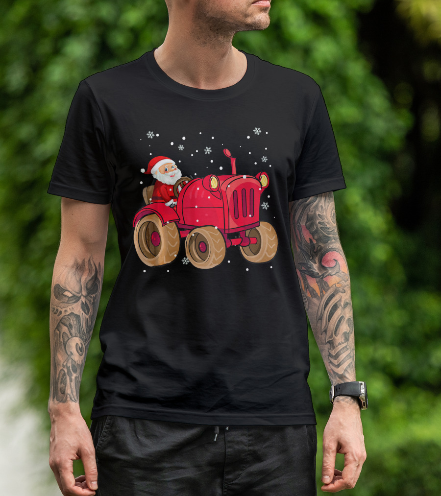 Santa Claus Driving Red Farm Tractor Surrounded By Snowflakes T-Shirt