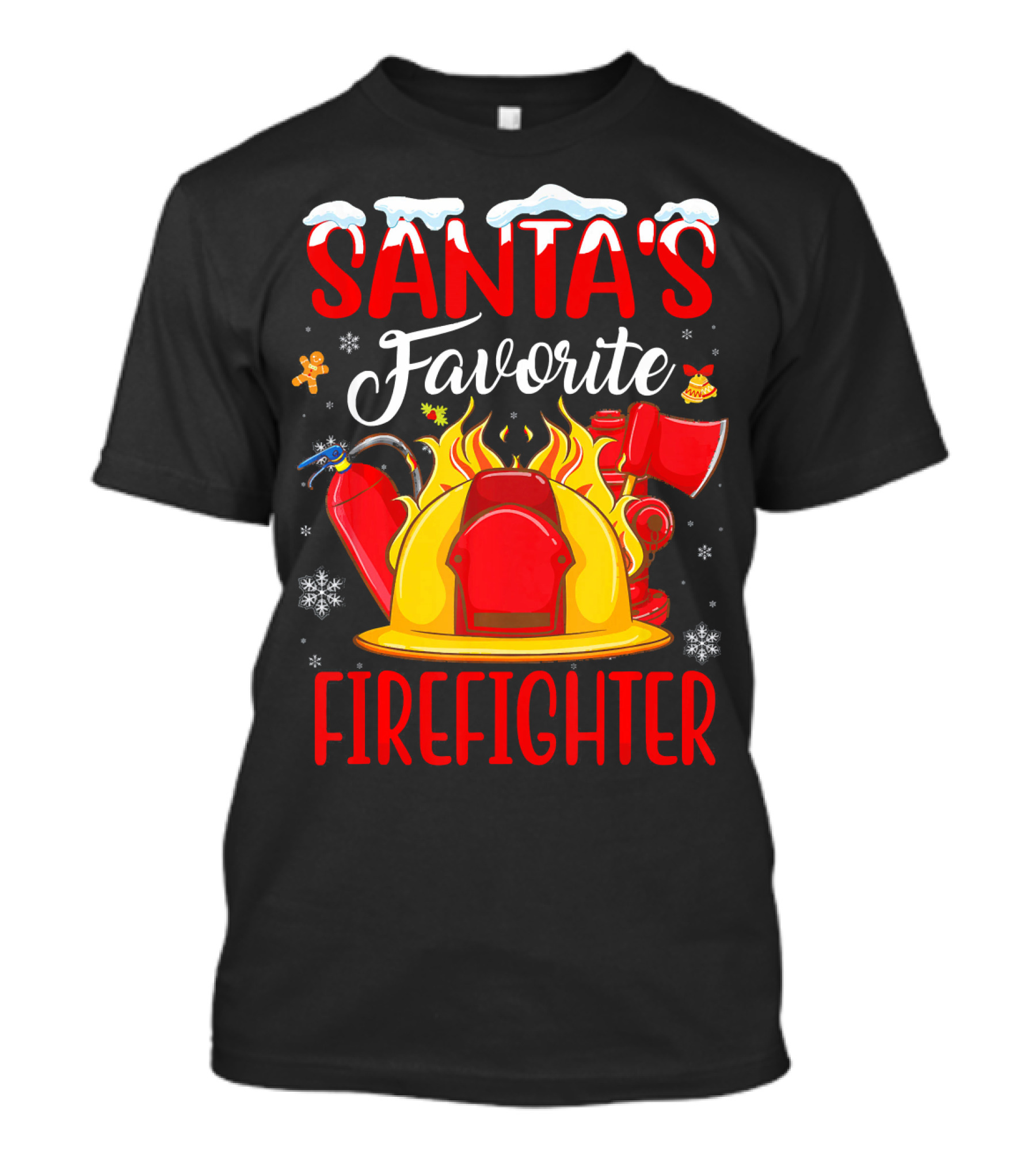 Santa's Favorite Firefighter With Gingerbread And Snowflakes T-Shirt