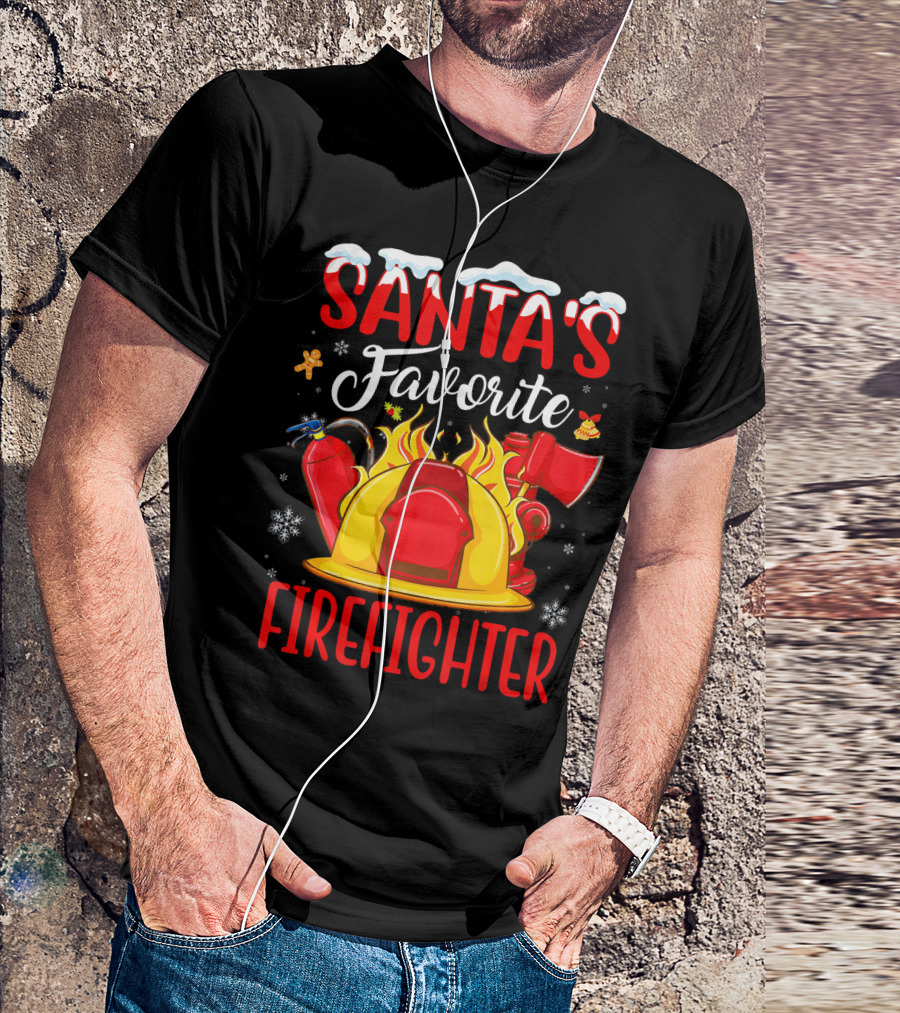 Santa's Favorite Firefighter With Gingerbread And Snowflakes T-Shirt
