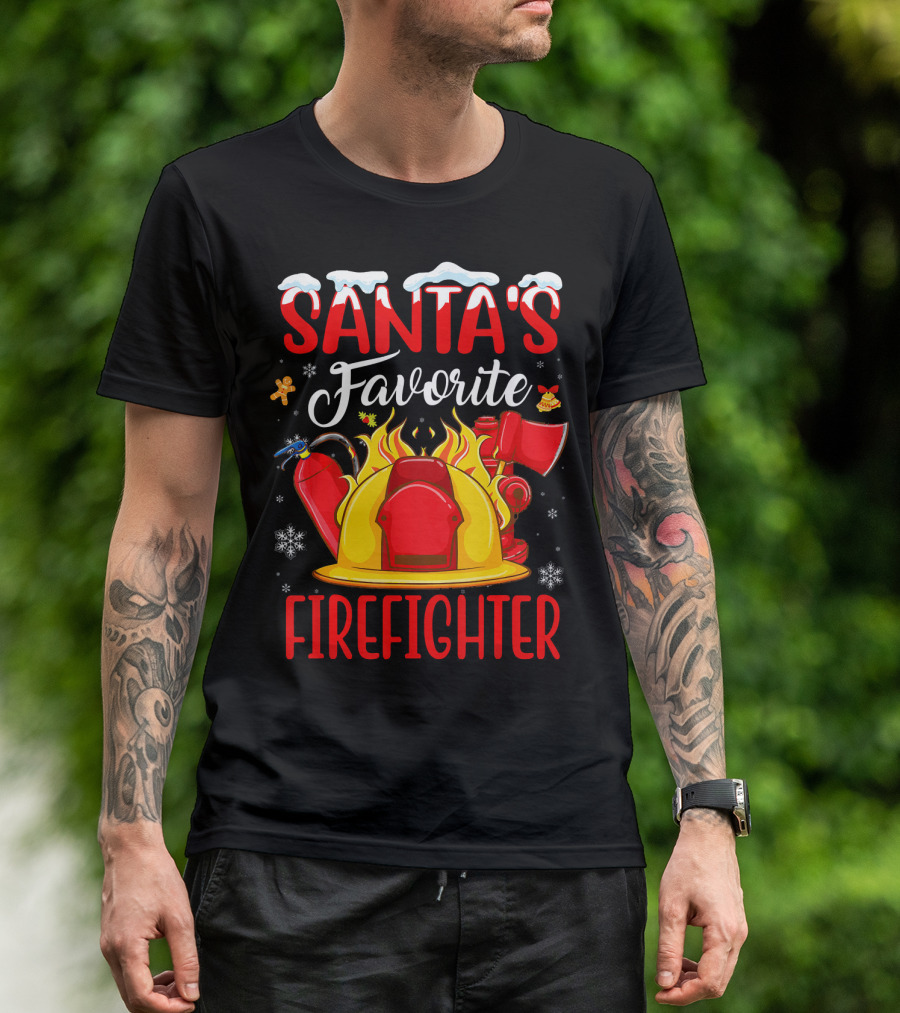 Santa's Favorite Firefighter With Gingerbread And Snowflakes T-Shirt