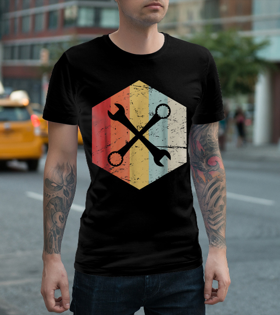 Retro Wrenches Mechanic Vintage Stripes Logo Hexagon T-Shirt