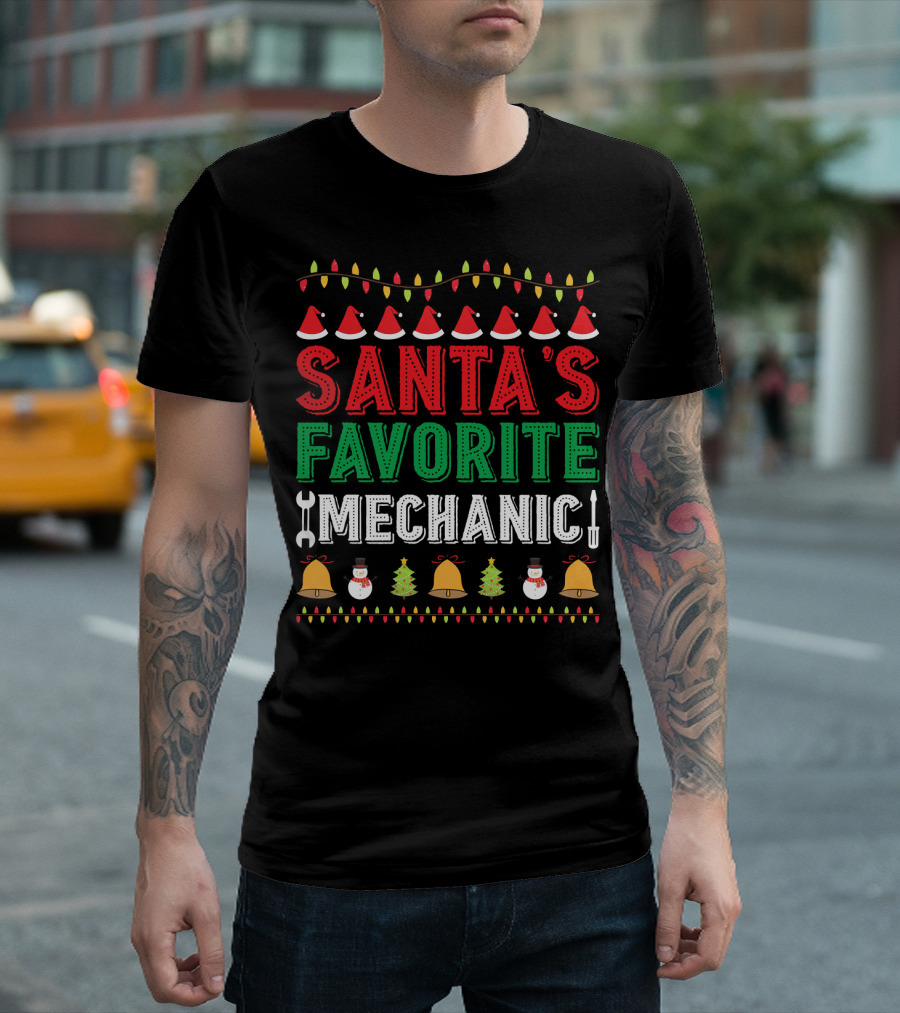 Santa's Favorite Mechanic Christmas Santa Hats Wrench Bells Snowmen Trees Lights T-Shirt