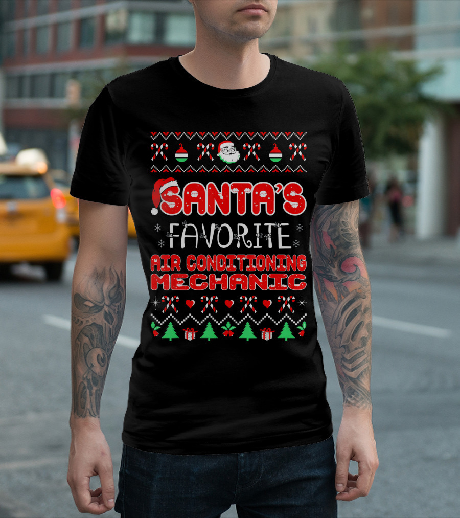 Santa's Favorite Air Conditioning Mechanic Christmas Lights Candies Snowflakes T-Shirt