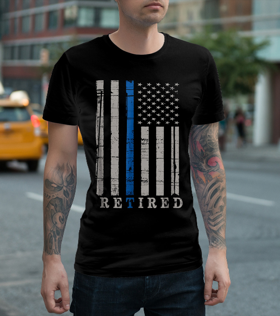Retired Thin Blue Line American Flag Police Officer T-Shirt