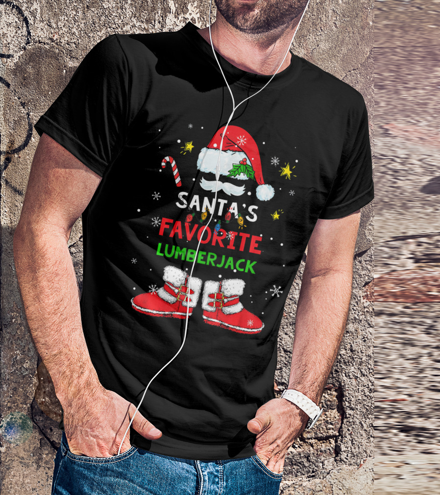Santa's Favorite Lumberjack Holiday Santa Hat Boots Candy Cane T-Shirt