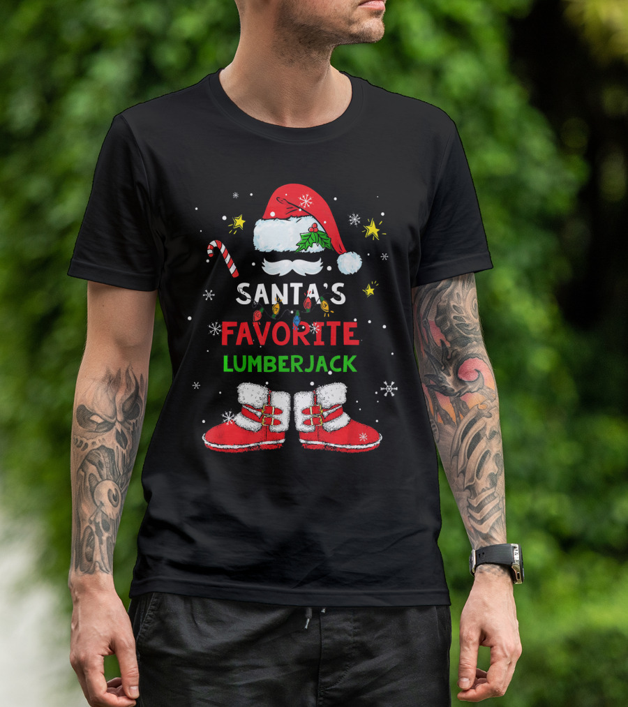 Santa's Favorite Lumberjack Holiday Santa Hat Boots Candy Cane T-Shirt