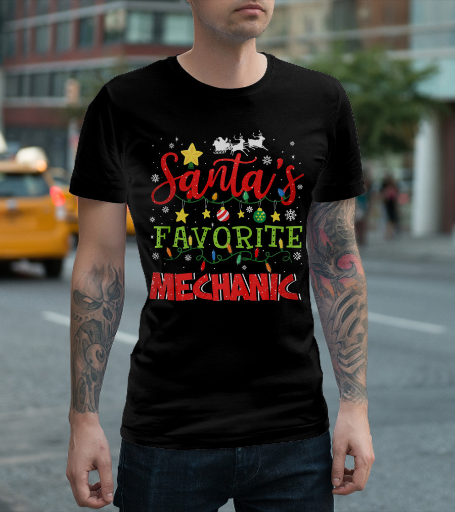Santa's Favorite Mechanic Christmas Lights and Reindeer T-Shirt