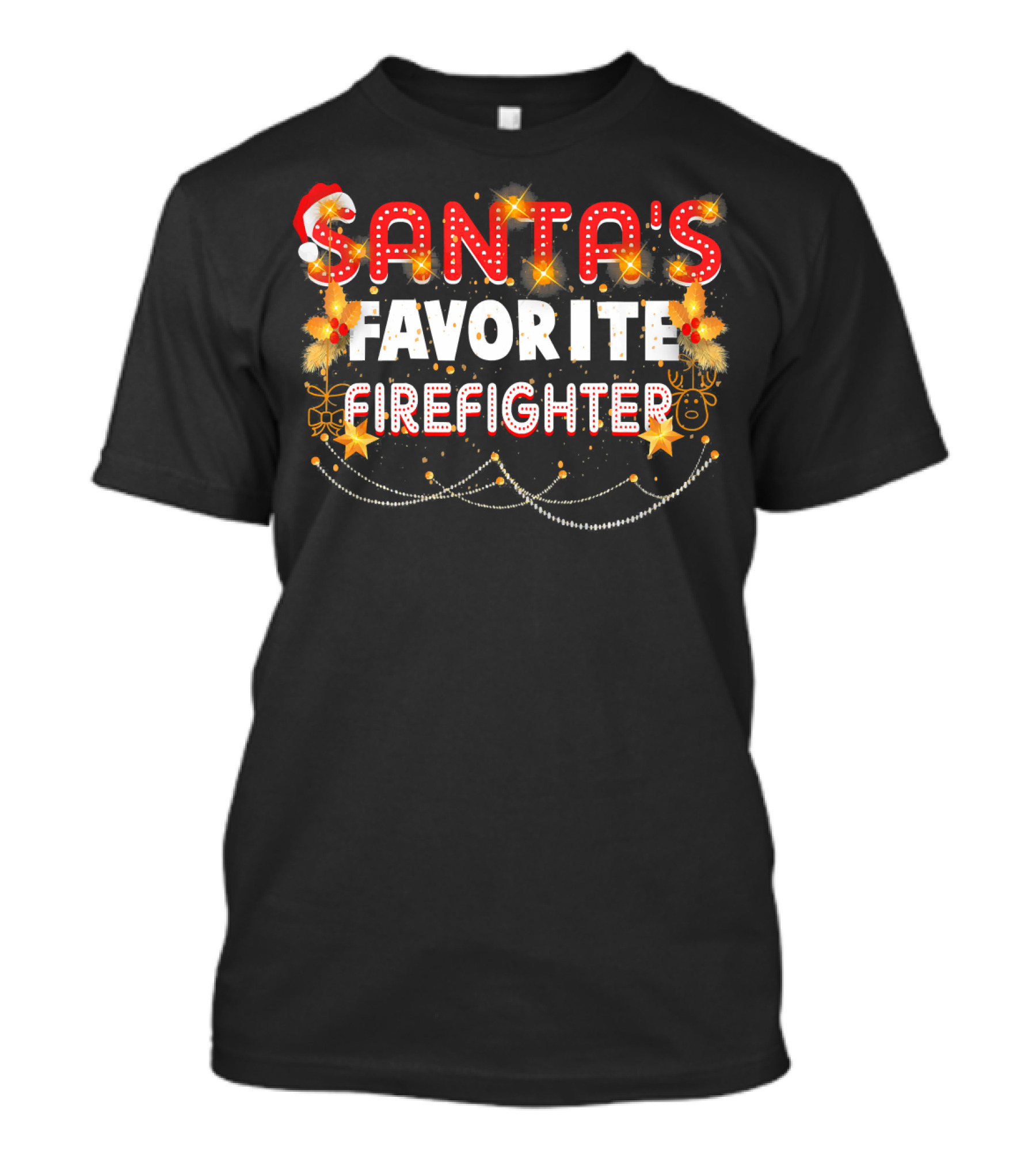 Santa's Favorite Firefighter Christmas Lights Holiday Fun T-Shirt