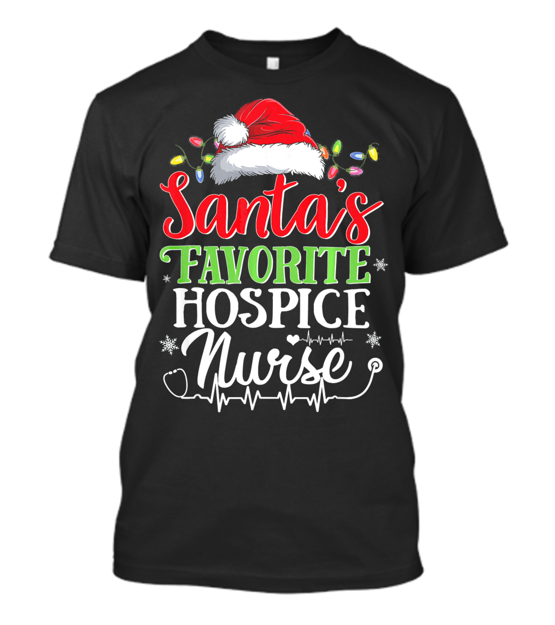 Santa's Favorite Hospice Nurse Christmas Lights Hat Snowflakes Heartbeat T-Shirt