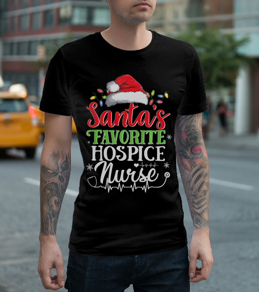 Santa's Favorite Hospice Nurse Christmas Lights Hat Snowflakes Heartbeat T-Shirt