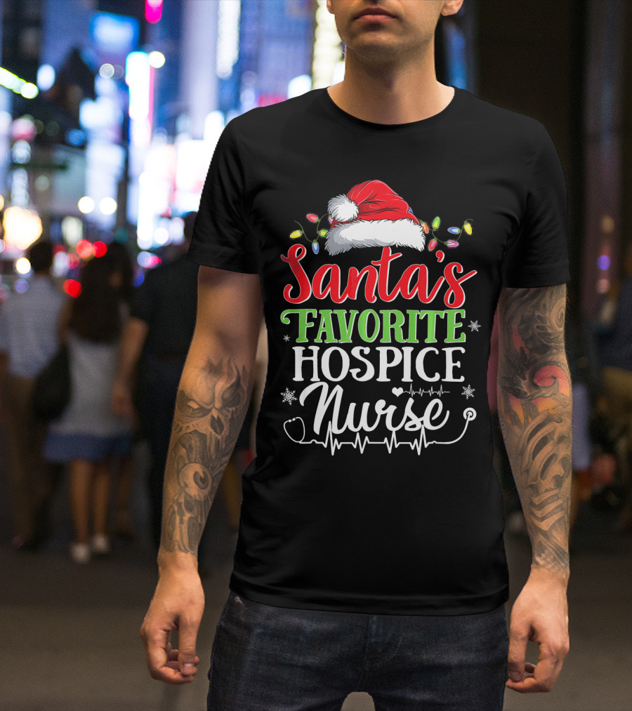 Santa's Favorite Hospice Nurse Christmas Lights Hat Snowflakes Heartbeat T-Shirt
