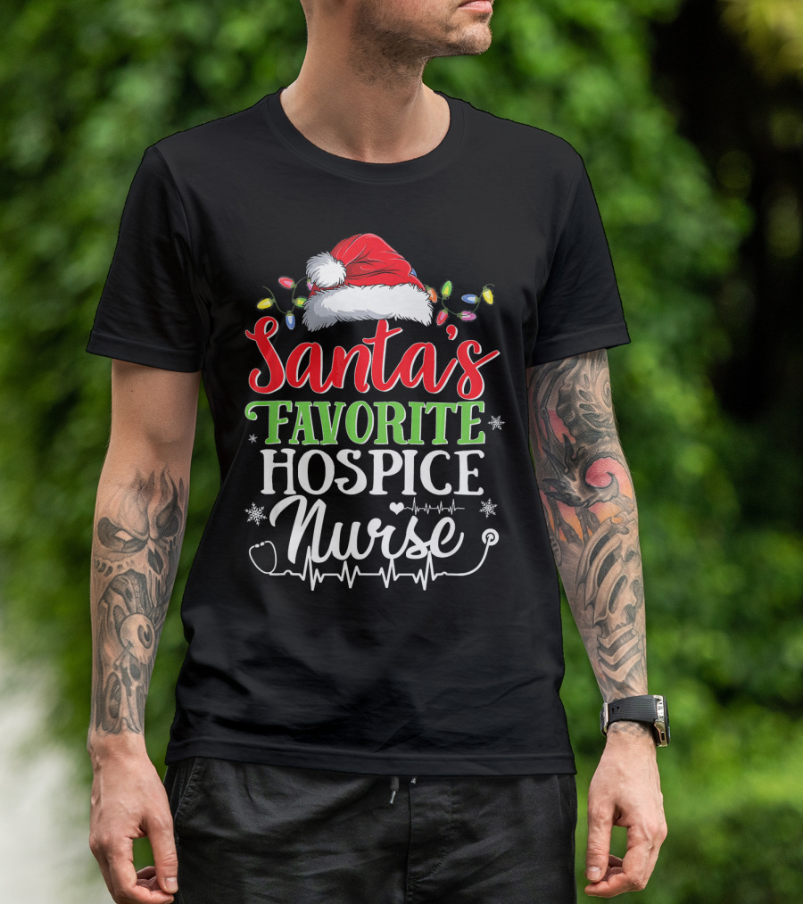 Santa's Favorite Hospice Nurse Christmas Lights Hat Snowflakes Heartbeat T-Shirt