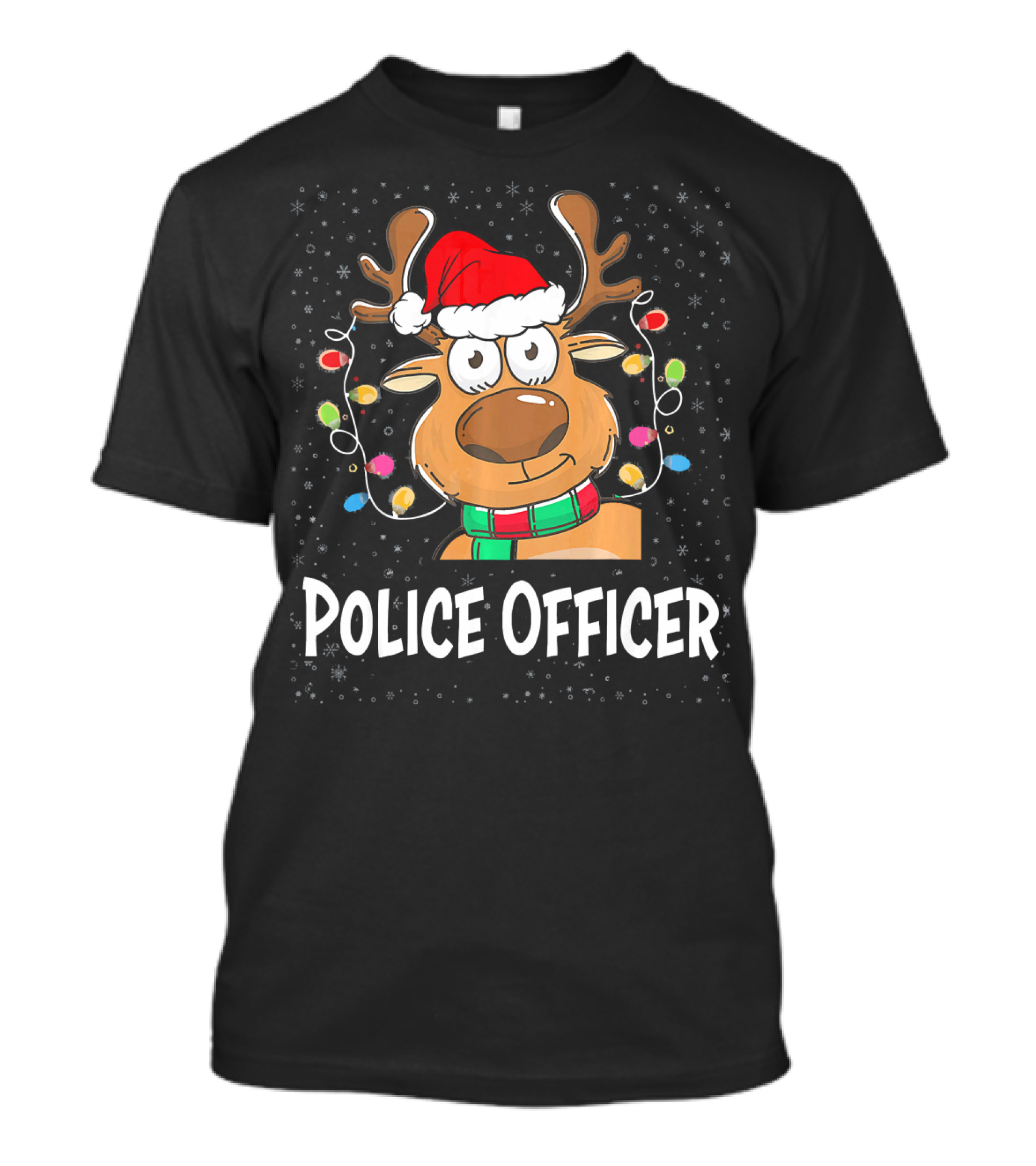 Santa Hat Reindeer Police Officer With String Lights T-Shirt