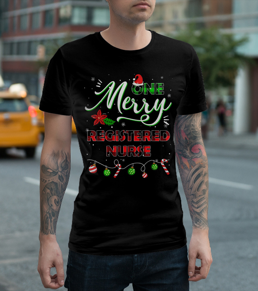 One Merry Registered Nurse Christmas Red Plaid Holiday Icons T-Shirt