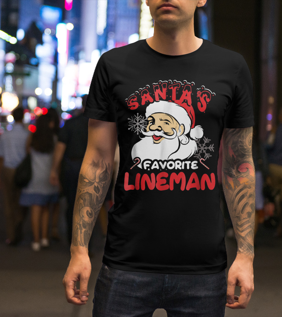 Santa's Favorite Lineman With Snowflakes And Candy Canes T-Shirt