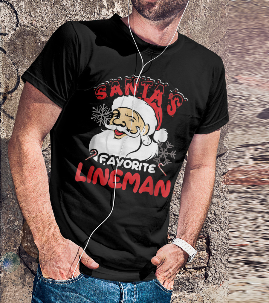 Santa's Favorite Lineman With Snowflakes And Candy Canes T-Shirt