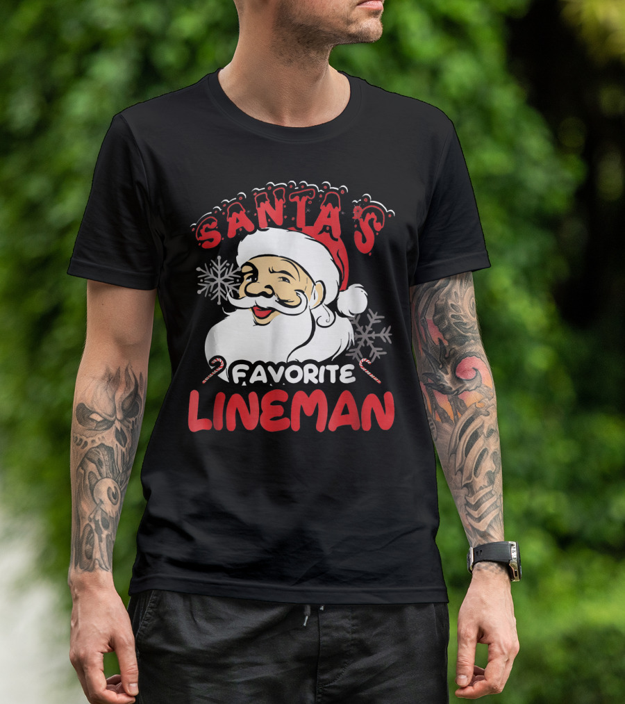 Santa's Favorite Lineman With Snowflakes And Candy Canes T-Shirt