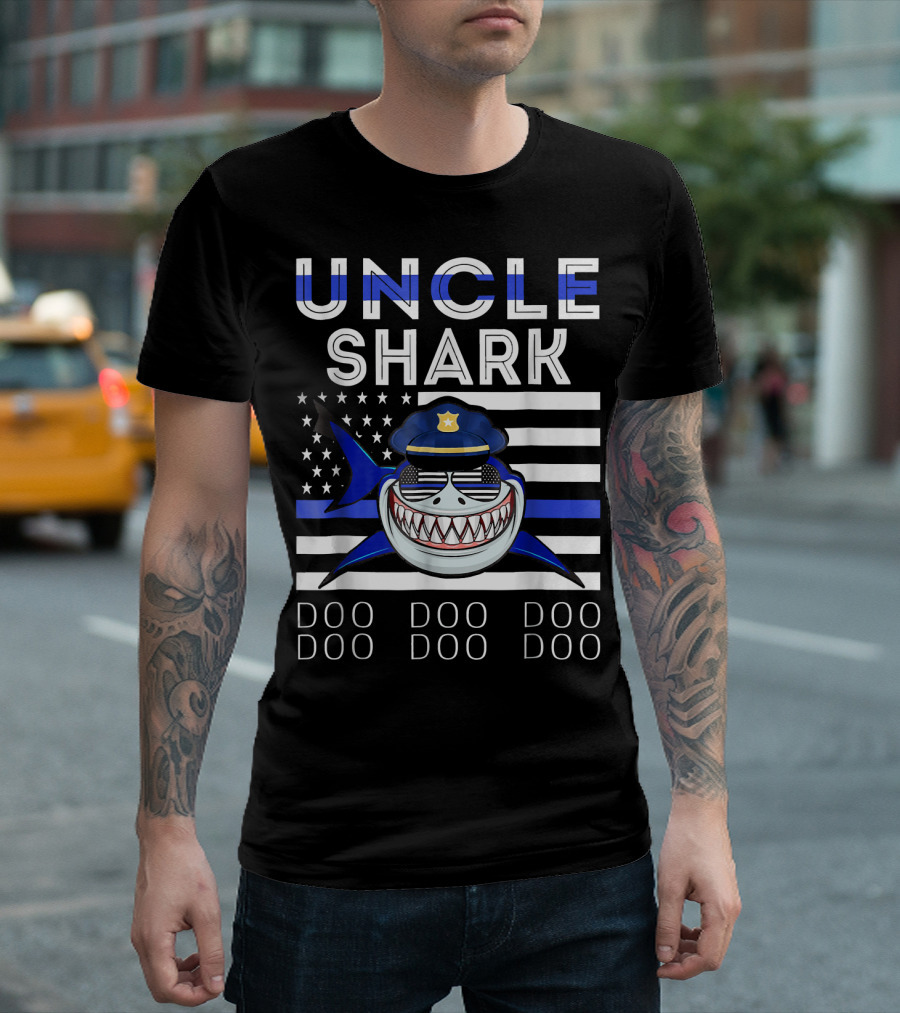 Uncle Shark Doo Doo Doo Police Blue Line Flag T-Shirt